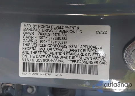 2022 Honda Accord Sport из США, поврежденный, VIN 1HGCV1F38NA083878